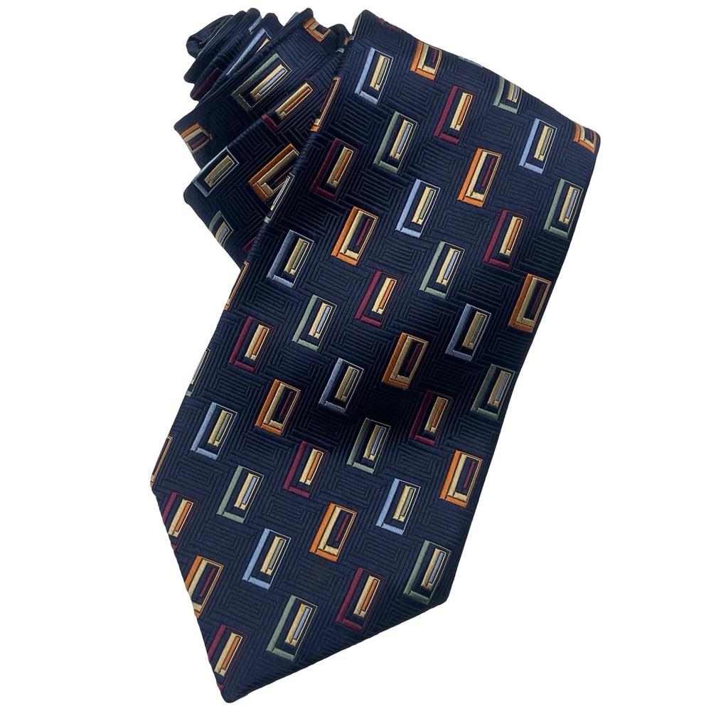 Vintage 100% Silk Meeting Street Necktie Tie Navy‎ Blue Geometric Retro Mod